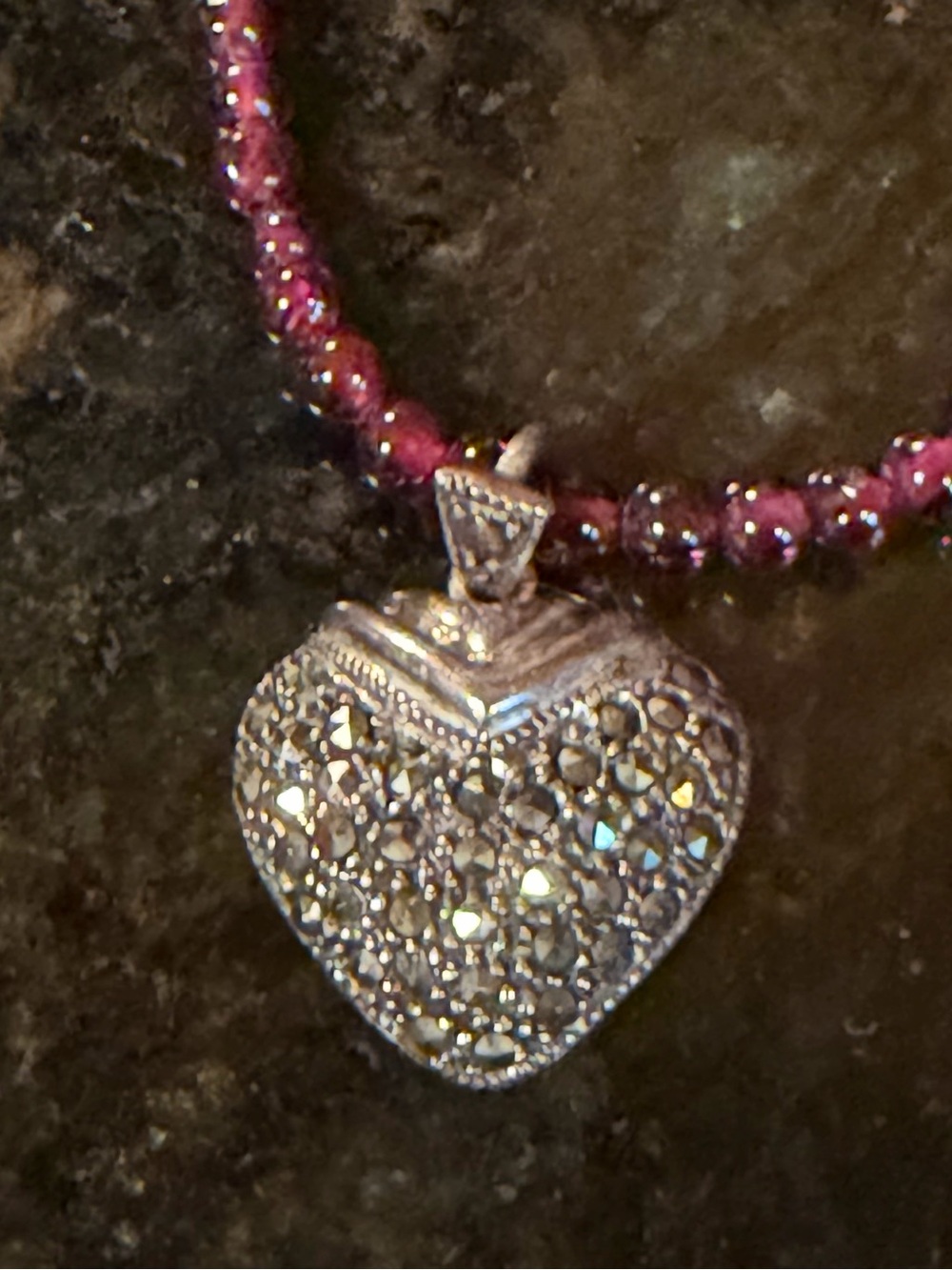 Vintage sterling silver Marcasite heart shaped crystal pendant on amethyst chain